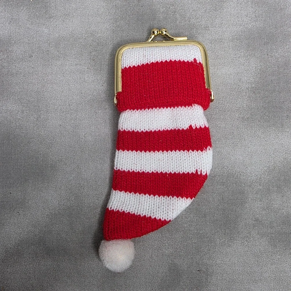 Knit Stocking Christmas Coin Purse Red White Striped w/Gold Clasp Vintage